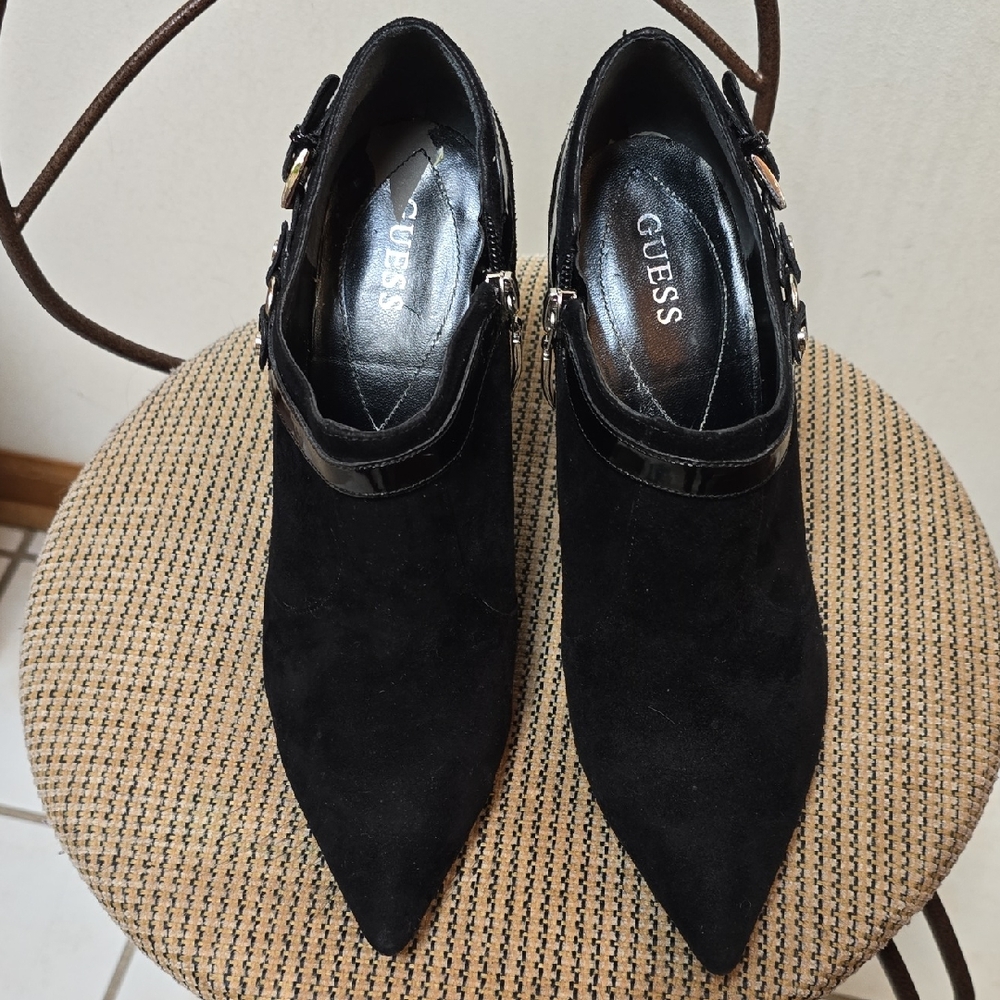 GUESS Black Suede Pointed Toe Ankle Boots with Buckle Strap